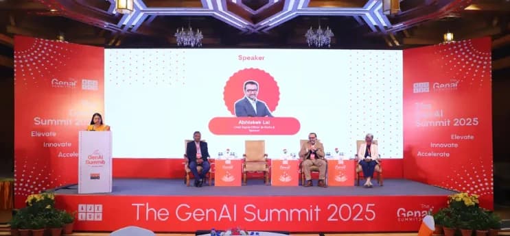 Speakers on stage at The GenAI Summit 2025, The Ashoka Hotel, New Delhi.